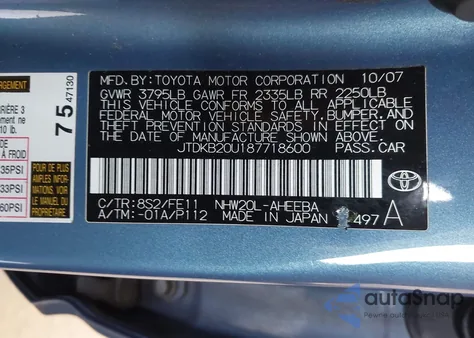 2008 Toyota Prius z USA, uszkodzony, nr VIN JTDKB20U187718600